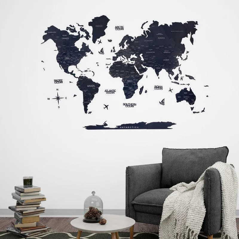 2D Colored Wooden World Map Prussian Blue Basic
