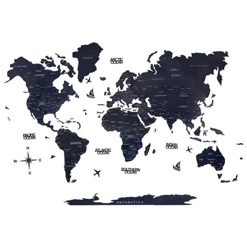 2D Colored Wooden World Map Prussian Blue Basic