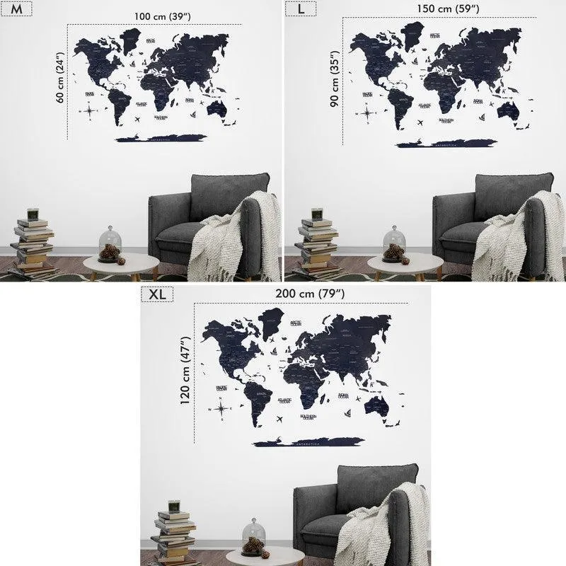2D Colored Wooden World Map Prussian Blue Basic
