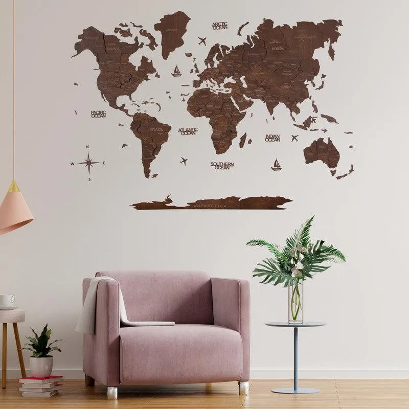 3D Wooden World Map Espresso Basic