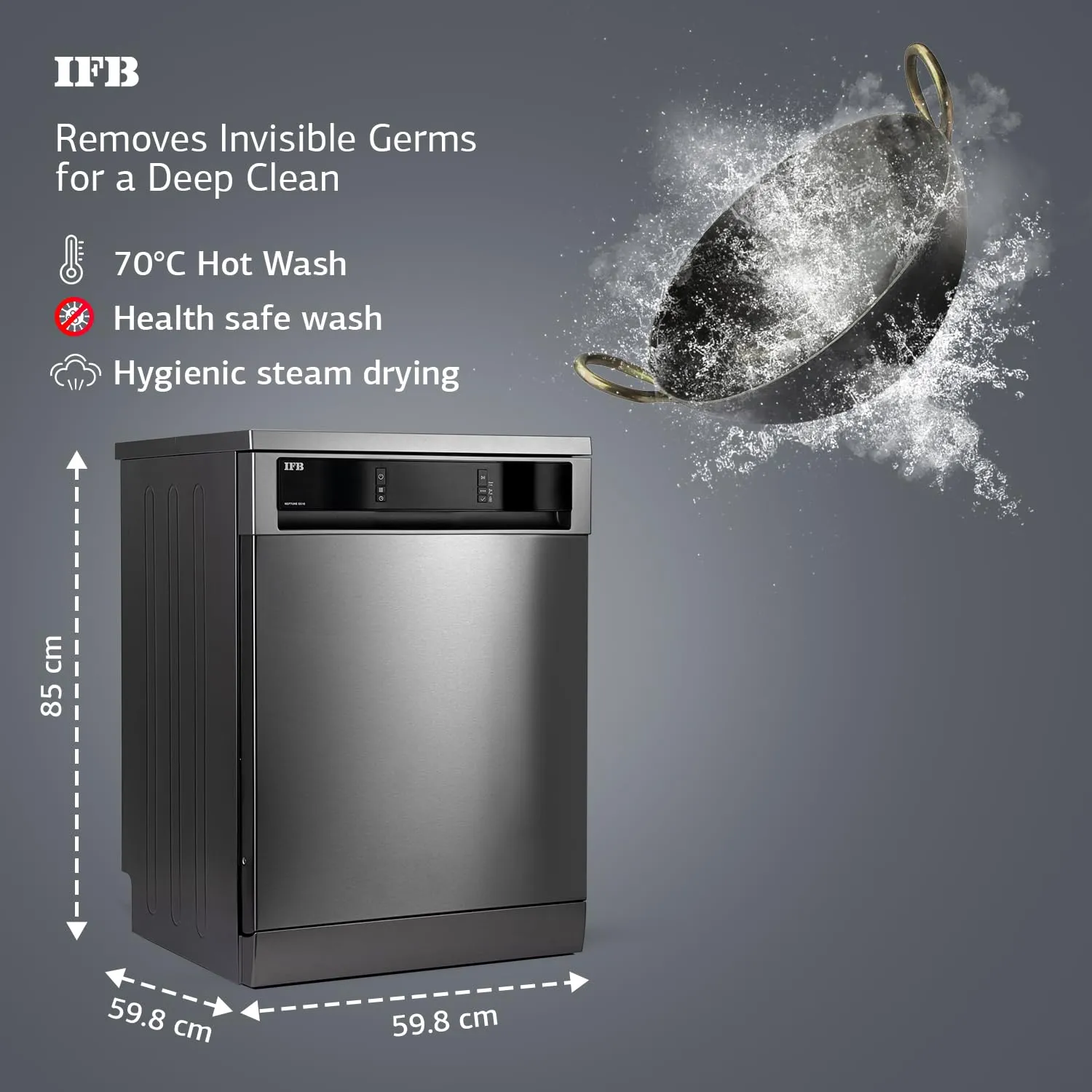 IFB Neptune SX16 16 Place Setting Dishwasher | Ion Tech | Auto Door Opening | 360° Spray Arms | 70°C Hot Wash | A   Energy Rating | Pearl Grey | Made in Turkey