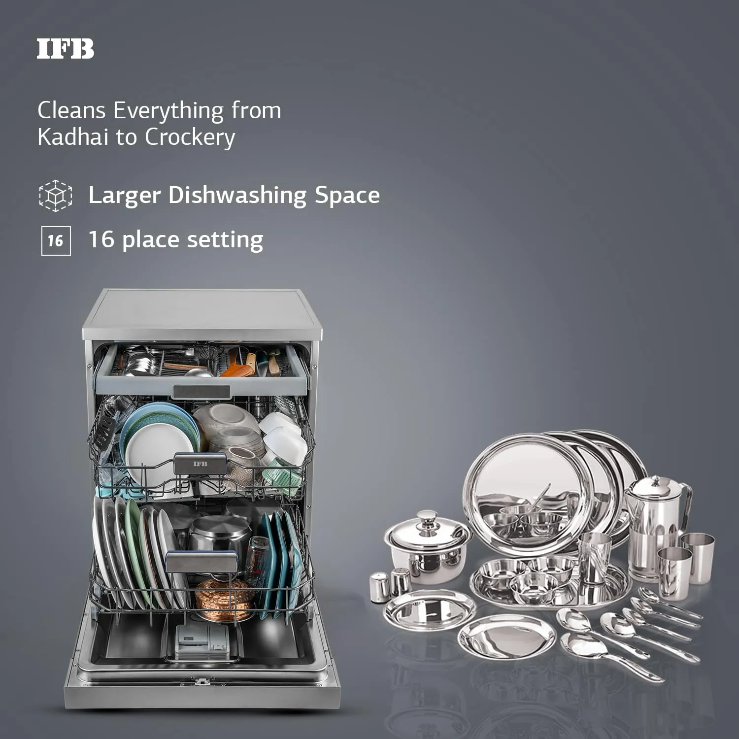 IFB Neptune SX16 16 Place Setting Dishwasher | Ion Tech | Auto Door Opening | 360° Spray Arms | 70°C Hot Wash | A   Energy Rating | Pearl Grey | Made in Turkey