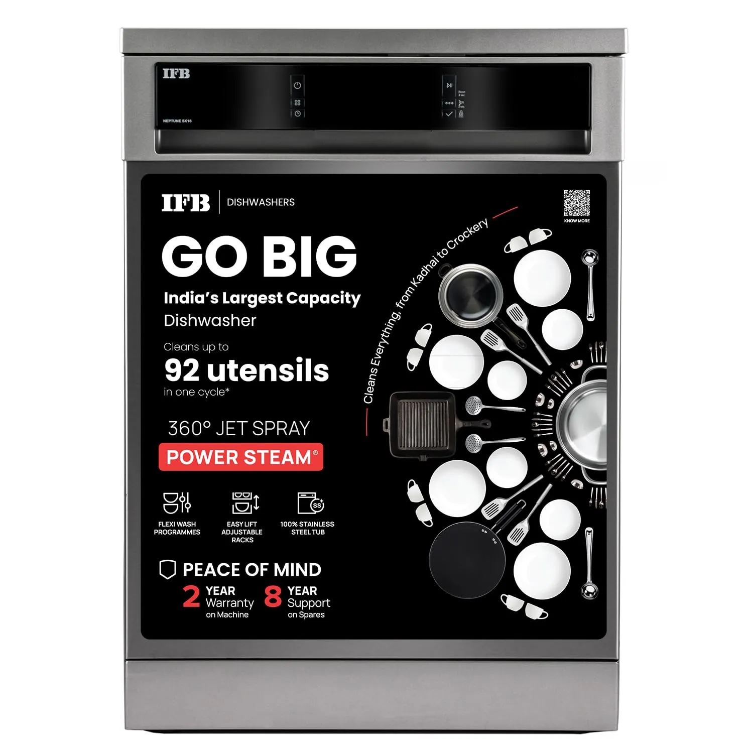 IFB Neptune SX16 16 Place Setting Dishwasher | Ion Tech | Auto Door Opening | 360° Spray Arms | 70°C Hot Wash | A   Energy Rating | Pearl Grey | Made in Turkey