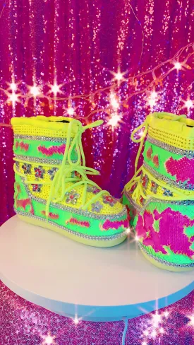 Mermaid Neon Green Pink  Rhinestone Snow Boots