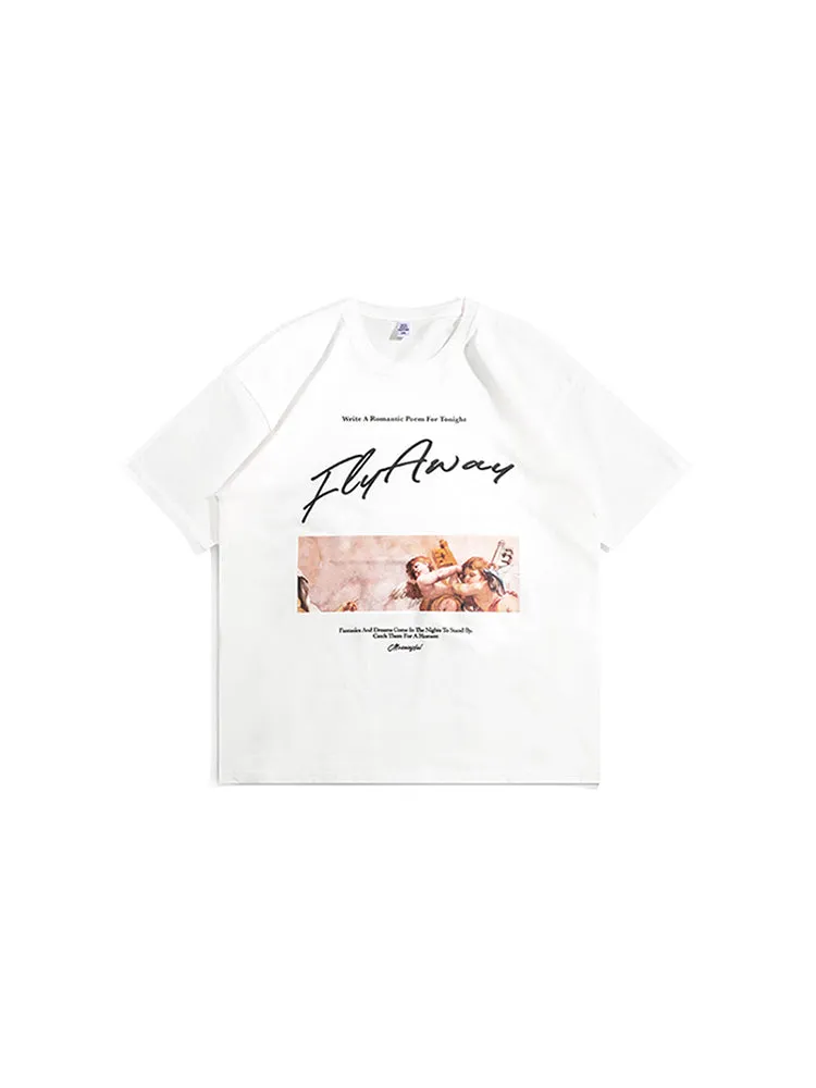 Street Cupid Print Men Short Sleeve Loose Oversize Round Neck Cotton T-Shirt