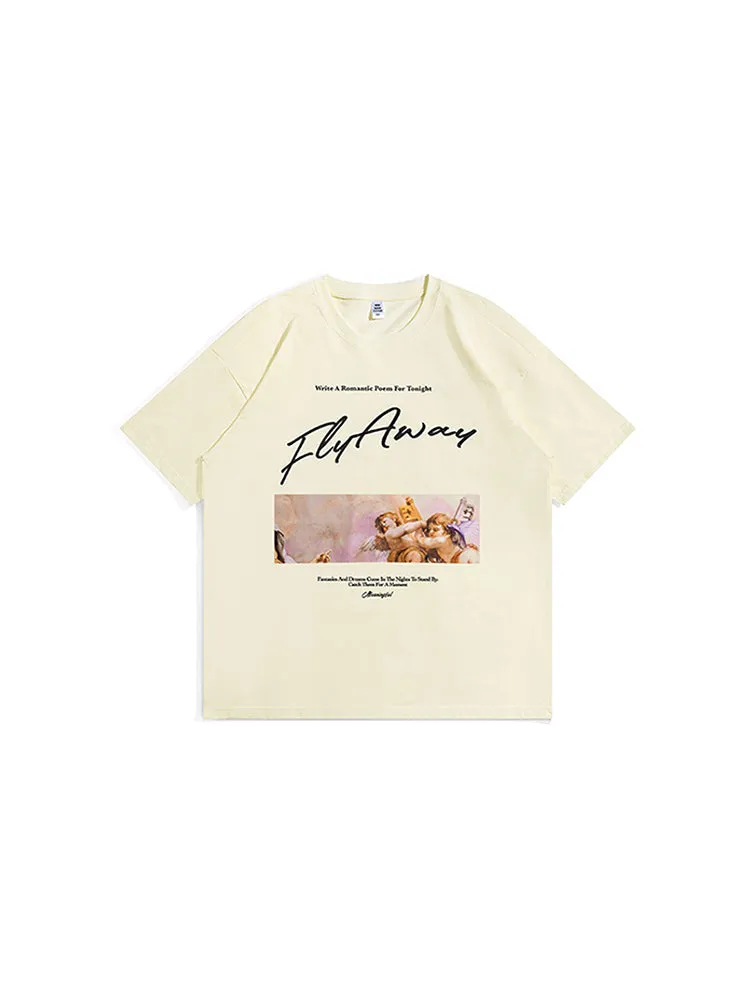 Street Cupid Print Men Short Sleeve Loose Oversize Round Neck Cotton T-Shirt