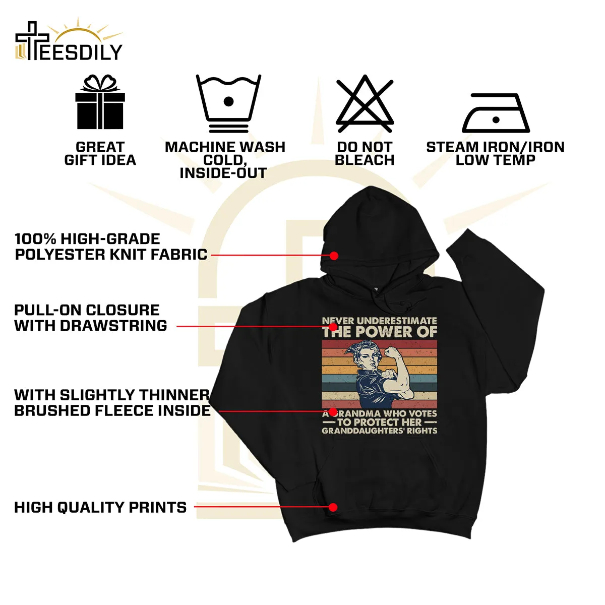Teesdily | Women Rights Shirt, Never Underestimate The Power Of A Grandma Tee Sweatshirt Hoodie Mug, Women Power Gifts, Retro Style Art Shirt