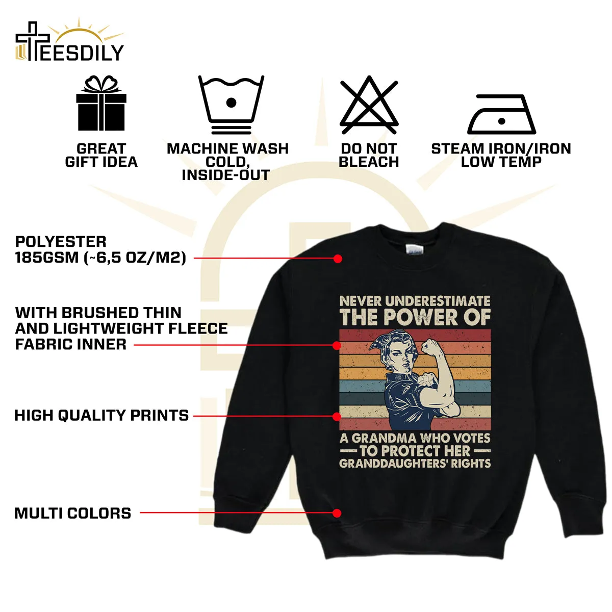Teesdily | Women Rights Shirt, Never Underestimate The Power Of A Grandma Tee Sweatshirt Hoodie Mug, Women Power Gifts, Retro Style Art Shirt