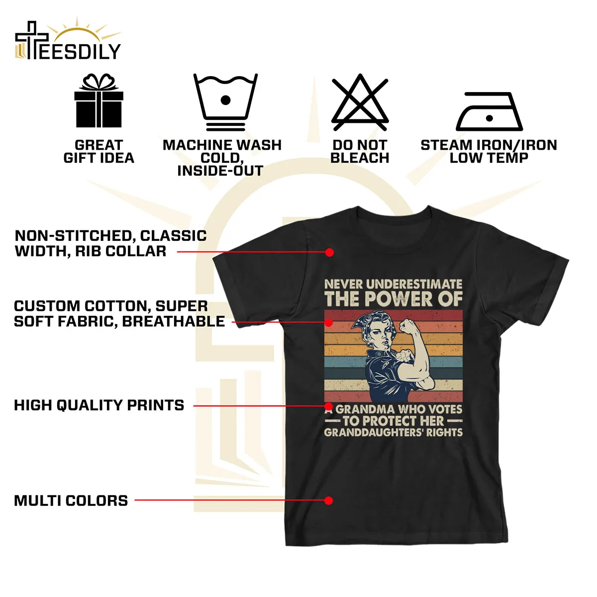 Teesdily | Women Rights Shirt, Never Underestimate The Power Of A Grandma Tee Sweatshirt Hoodie Mug, Women Power Gifts, Retro Style Art Shirt