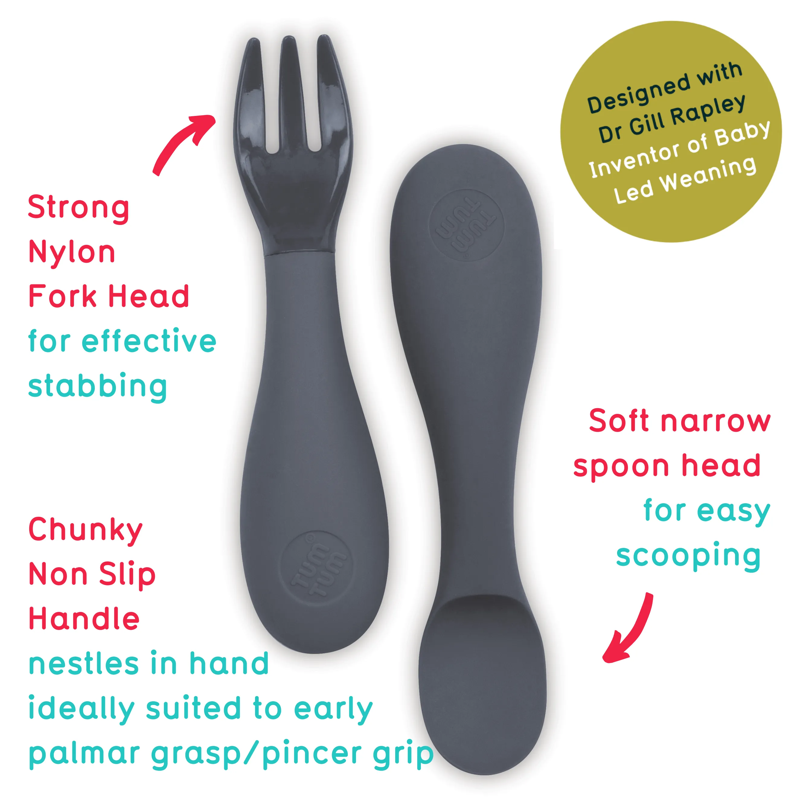TUM TUM Baby Cutlery With Case, Baby Spoon & fork Set, Baby Cutlery For Babies, First Self Feeding Cutlery, 6m ,Grey