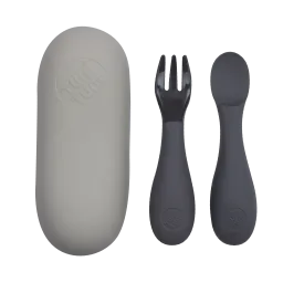TUM TUM Baby Cutlery With Case, Baby Spoon & fork Set, Baby Cutlery For Babies, First Self Feeding Cutlery, 6m ,Grey